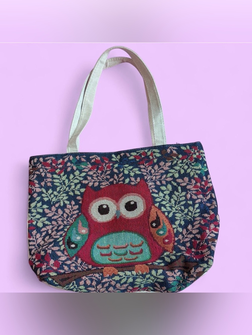 Women’s Owl Pattern Woven Tote Bag Multicolor Retro Vintage Cottage NWOT Sz M